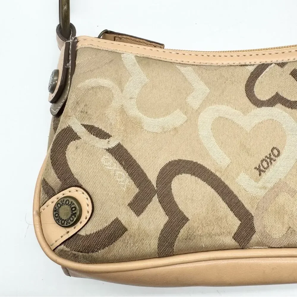 Vintage Y2K XOXO Hearts Canvas Baguette Shoulder Bag Tan Signature Girly Grunge